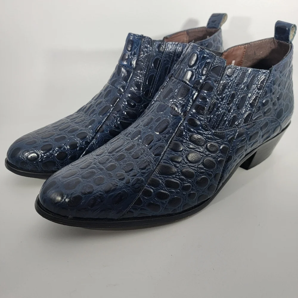 Stacy Adams Sandoval Navy Croco Print Leather Cuban Heeled Boots Men's Size 12W